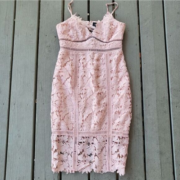 Bardot Botanica Lace Cutout‎ Midi Dress Floral Lace Sheath Blush Pink 6 Cocktail - Picture 3 of 9